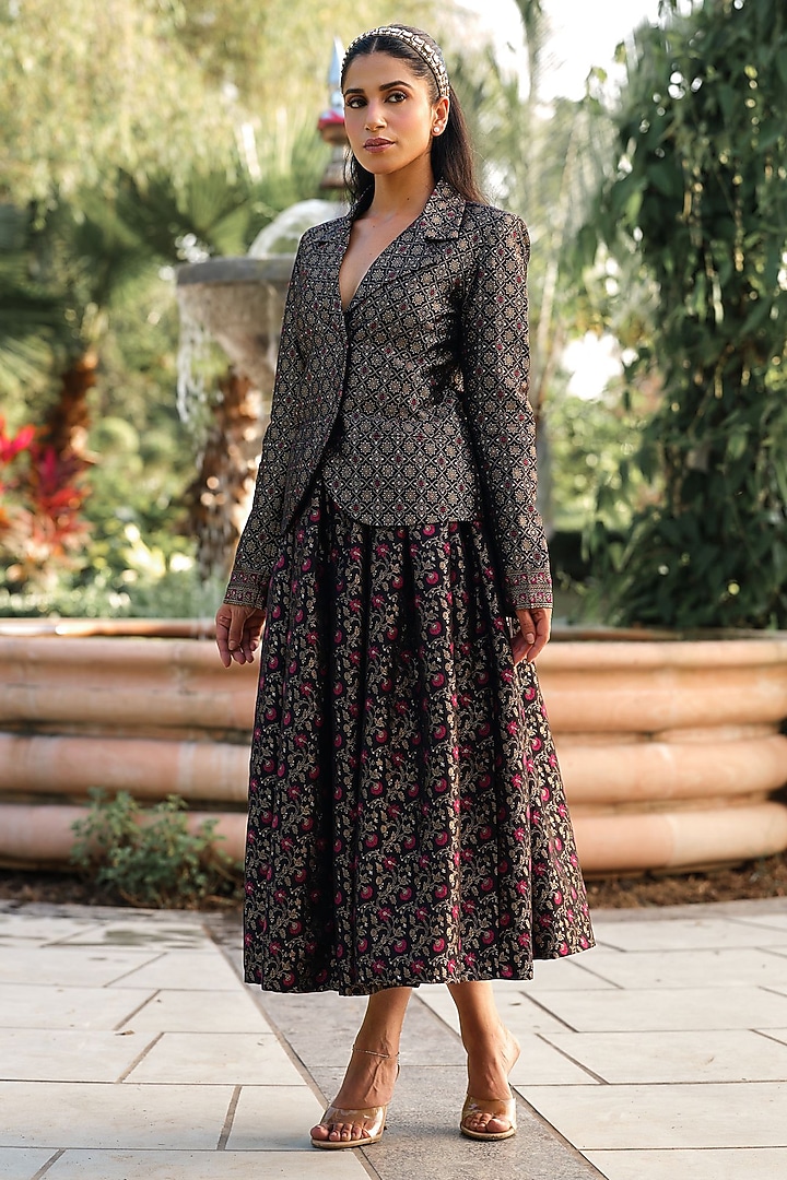 Black Pure Moonga Silk Floral Weave Skirt Set by Safaa at Pernia's Pop Up Shop