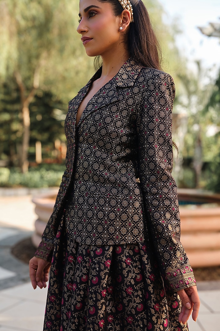 Black Pure Moonga Silk Floral Weave Skirt Set by Safaa at Pernia's Pop Up Shop