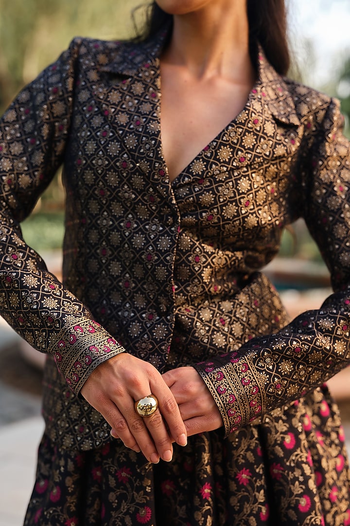 Black Pure Moonga Silk Floral Weave Skirt Set by Safaa at Pernia's Pop Up Shop