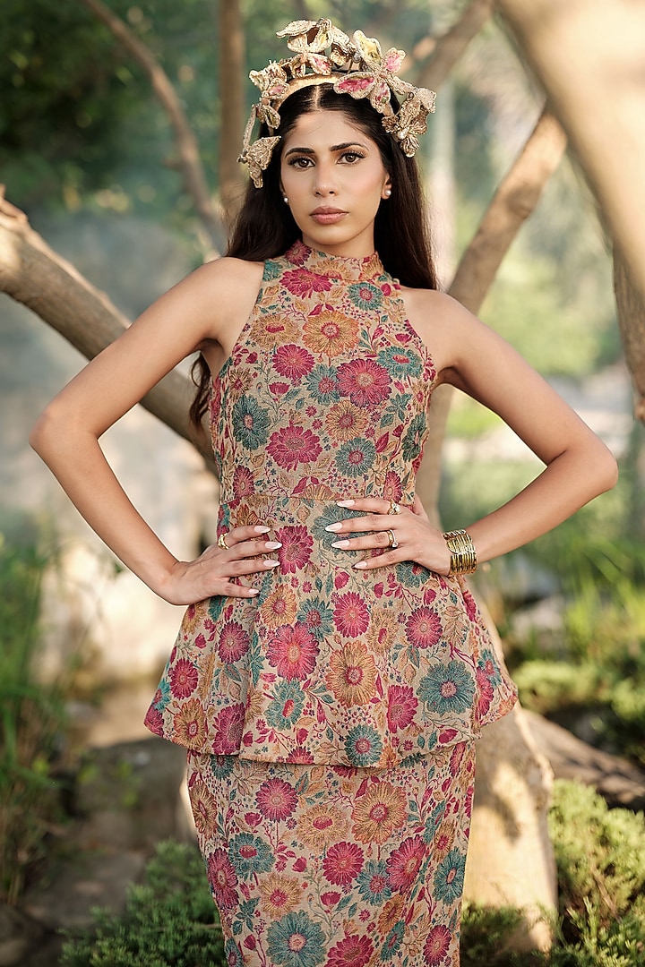 Multi-Colored Acro Wool Floral Motif Skirt Set by Safaa at Pernia's Pop Up Shop