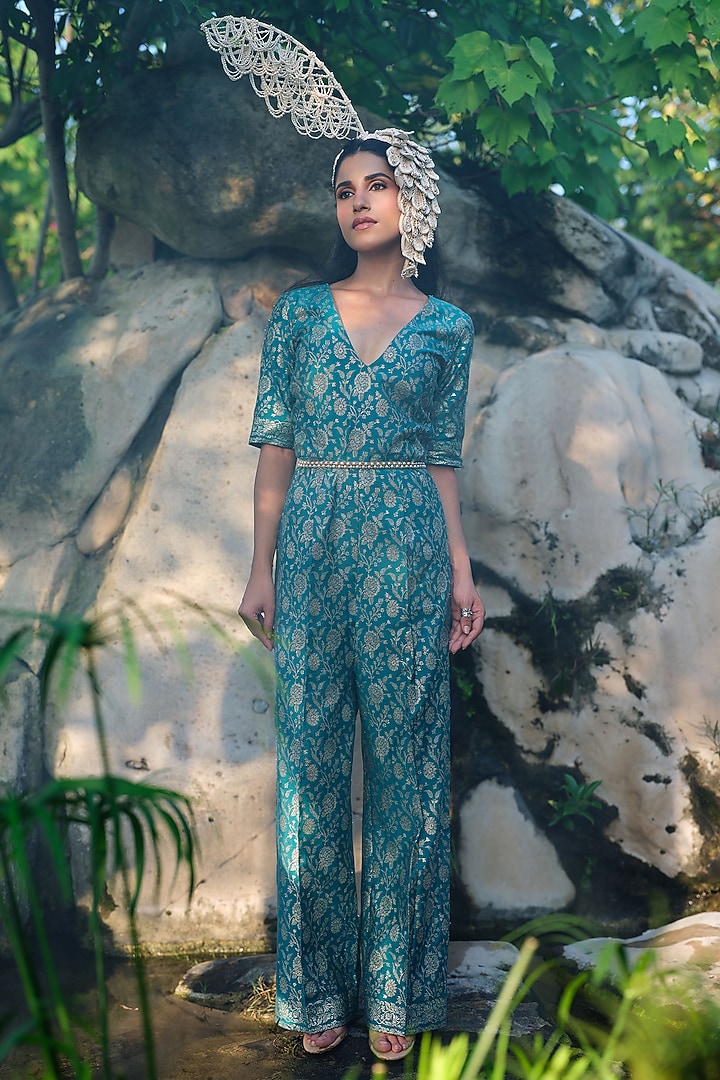 Turquoise Pure Moonga Silk Floral Weave Jumpsuit by Safaa at Pernia's Pop Up Shop