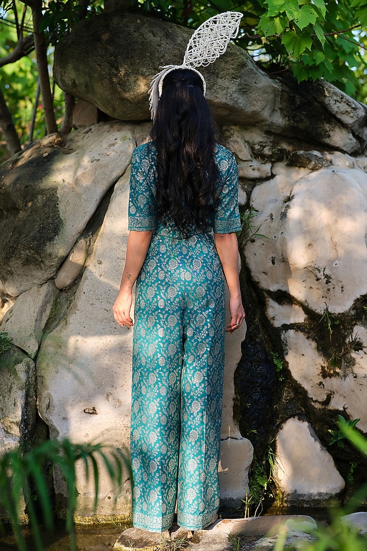 Turquoise Pure Moonga Silk Floral Weave Jumpsuit by Safaa at Pernia's Pop Up Shop