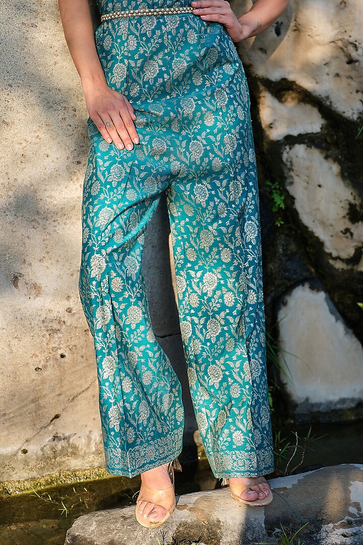 Turquoise Pure Moonga Silk Floral Weave Jumpsuit by Safaa at Pernia's Pop Up Shop