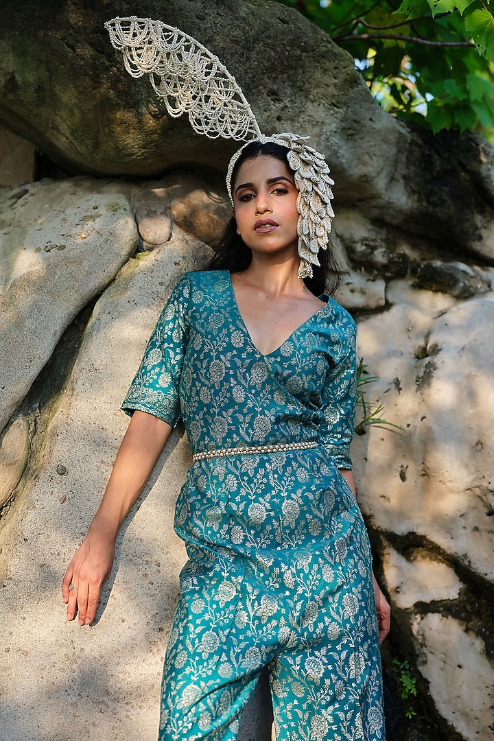Turquoise Pure Moonga Silk Floral Weave Jumpsuit by Safaa at Pernia's Pop Up Shop