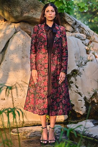 Black Pure Moonga Silk Rose Motif Blazer Set by Safaa