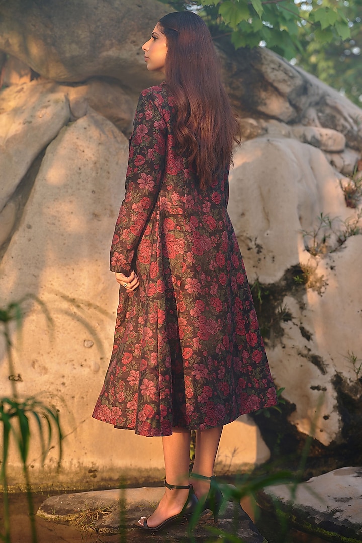 Black Pure Moonga Silk Rose Motif Blazer Set by Safaa at Pernia's Pop Up Shop