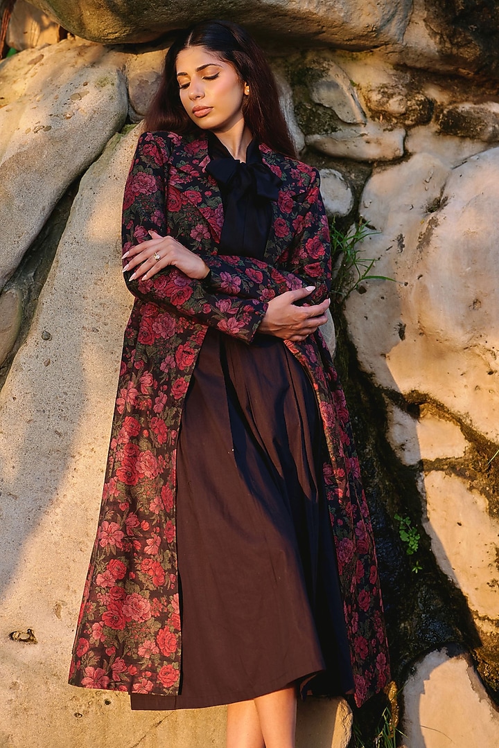 Black Pure Moonga Silk Rose Motif Blazer Set by Safaa at Pernia's Pop Up Shop
