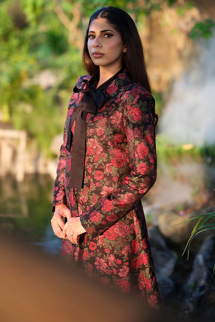 Black Pure Moonga Silk Rose Motif Blazer Set by Safaa at Pernia's Pop Up Shop