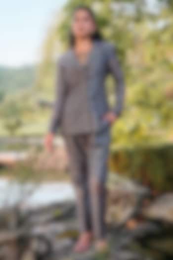 Turquoise Pure Moonga Silk Kani Weave Blazer Set by Safaa at Pernia's Pop Up Shop