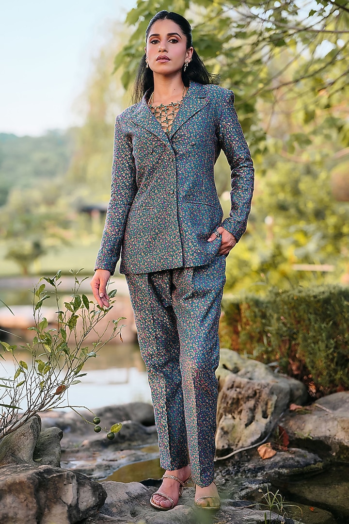 Turquoise Pure Moonga Silk Kani Weave Blazer Set by Safaa at Pernia's Pop Up Shop