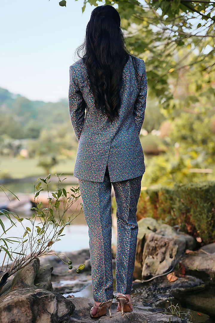 Turquoise Pure Moonga Silk Kani Weave Blazer Set by Safaa at Pernia's Pop Up Shop
