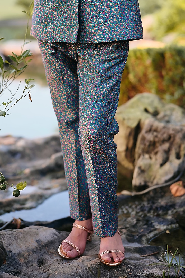 Turquoise Pure Moonga Silk Kani Weave Blazer Set by Safaa at Pernia's Pop Up Shop