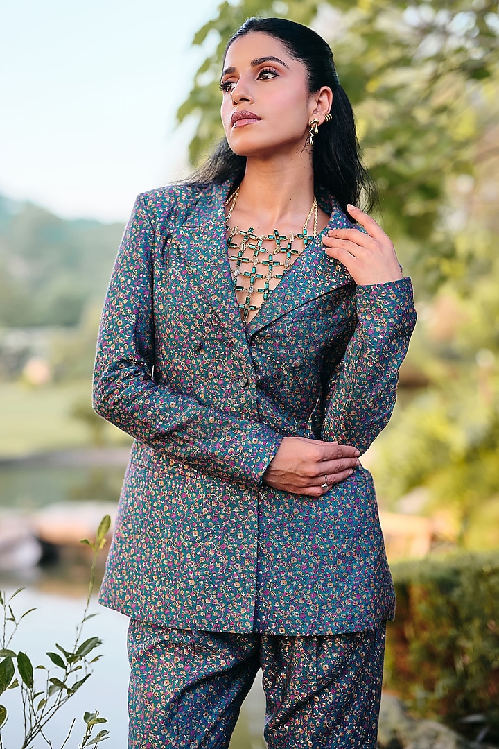 Turquoise Pure Moonga Silk Kani Weave Blazer Set by Safaa at Pernia's Pop Up Shop