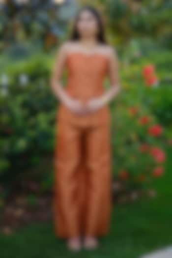 Burnt Orange Pure Moonga Silk Floral Motif Skirt Set by Safaa at Pernia's Pop Up Shop