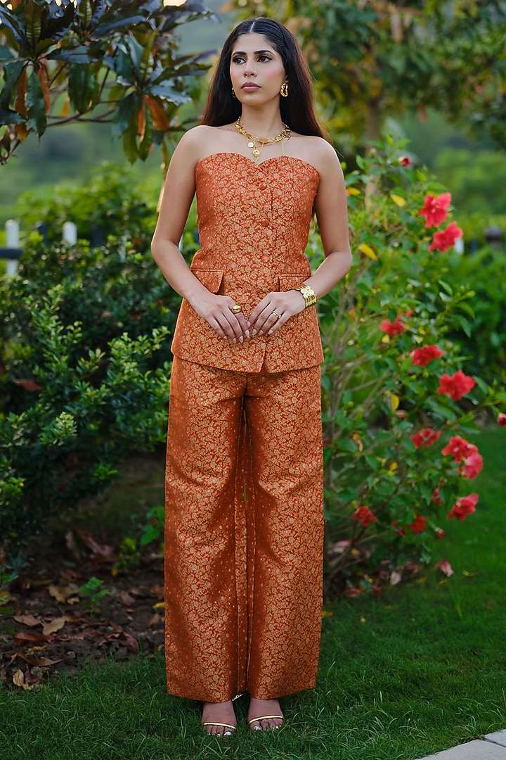 Burnt Orange Pure Moonga Silk Floral Motif Skirt Set by Safaa at Pernia's Pop Up Shop