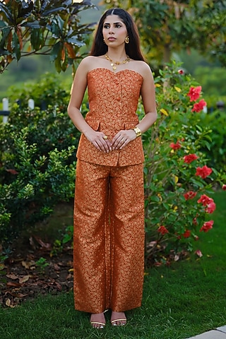 Burnt Orange Pure Moonga Silk Floral Motif Co-Ord  Set by Safaa