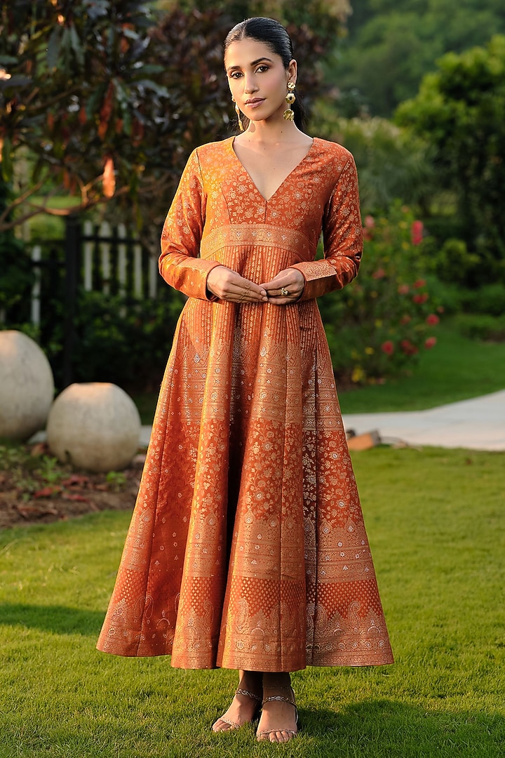 Burnt Orange Pure Moonga Silk Handwoven Vacation Dress by Safaa at Pernia's Pop Up Shop