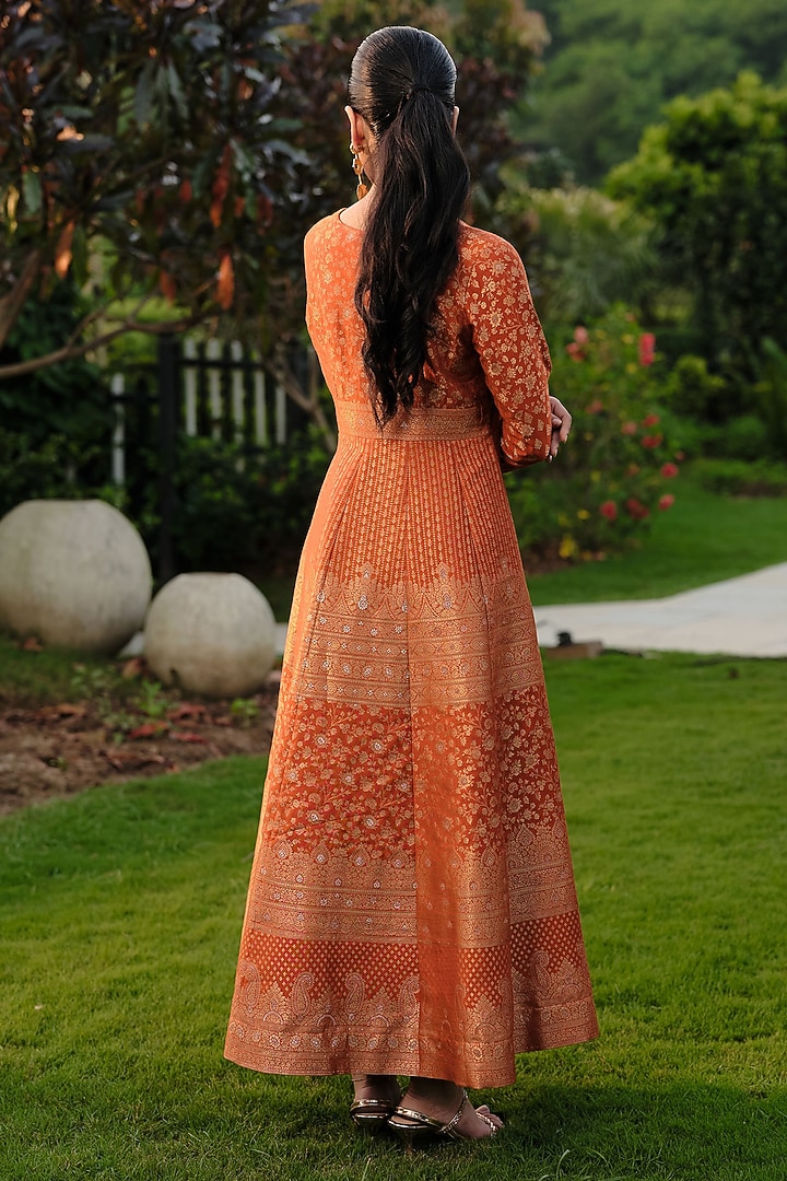 Burnt Orange Pure Moonga Silk Handwoven Vacation Dress by Safaa at Pernia's Pop Up Shop