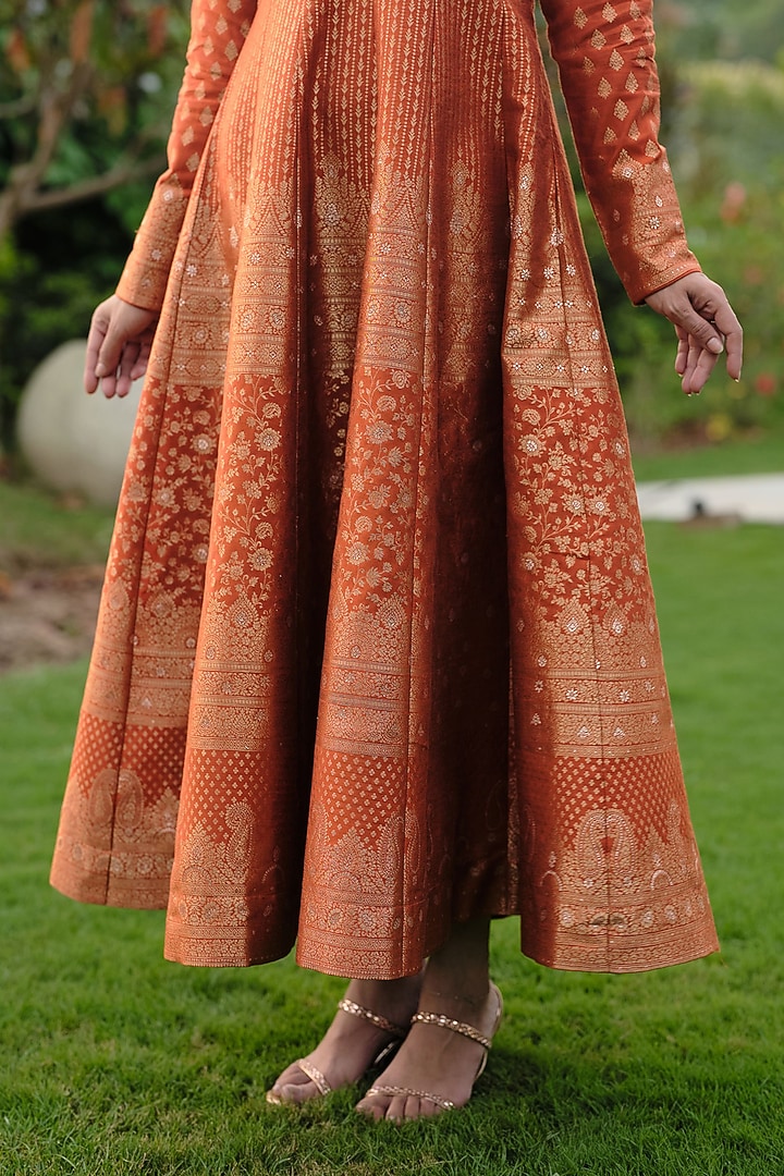 Burnt Orange Pure Moonga Silk Handwoven Vacation Dress by Safaa at Pernia's Pop Up Shop