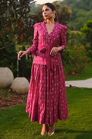 Magenta Pure Moonga Silk Woven Motif Skirt Set by Safaa