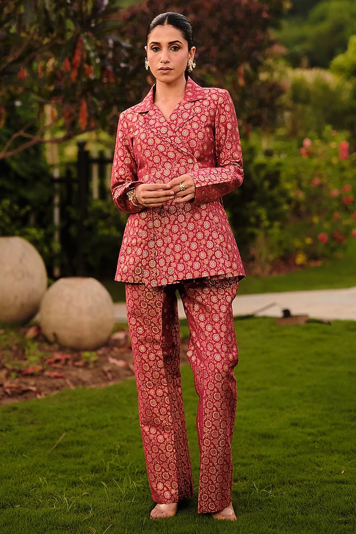 Red Pure Moonga Silk Floral Weave Skirt Set by Safaa at Pernia's Pop Up Shop