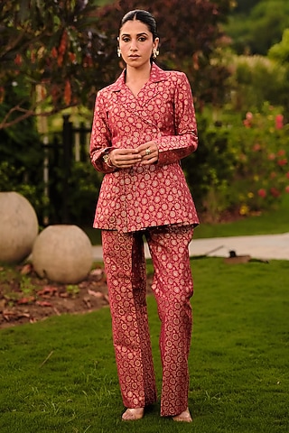 Red Pure Moonga Silk Floral Weave Skirt Set by Safaa