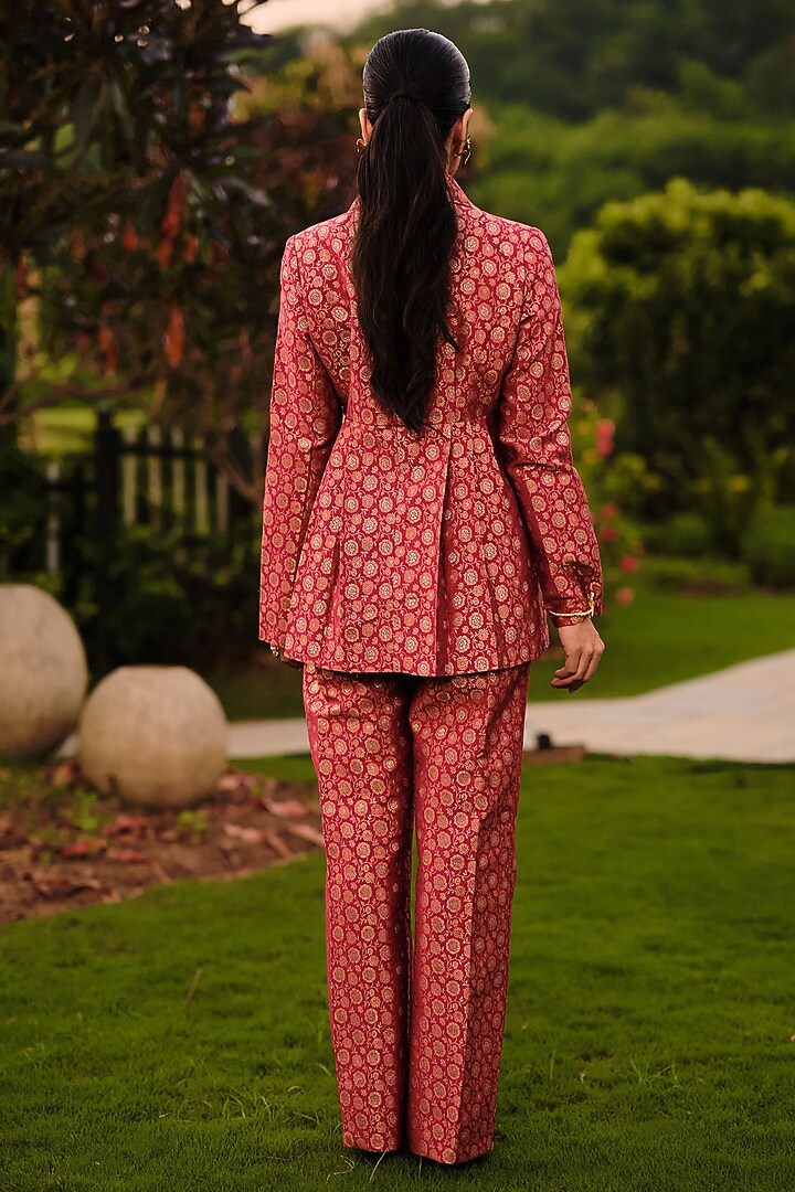 Red Pure Moonga Silk Floral Weave Skirt Set by Safaa at Pernia's Pop Up Shop