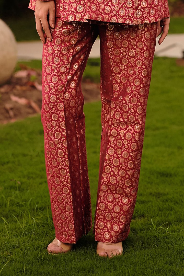 Red Pure Moonga Silk Floral Weave Skirt Set by Safaa at Pernia's Pop Up Shop
