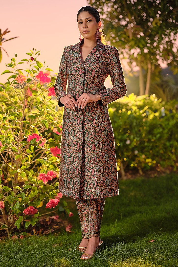 Bottle Green Pure Moonga Silk Paisley Weave Blazer Set by Safaa at Pernia's Pop Up Shop