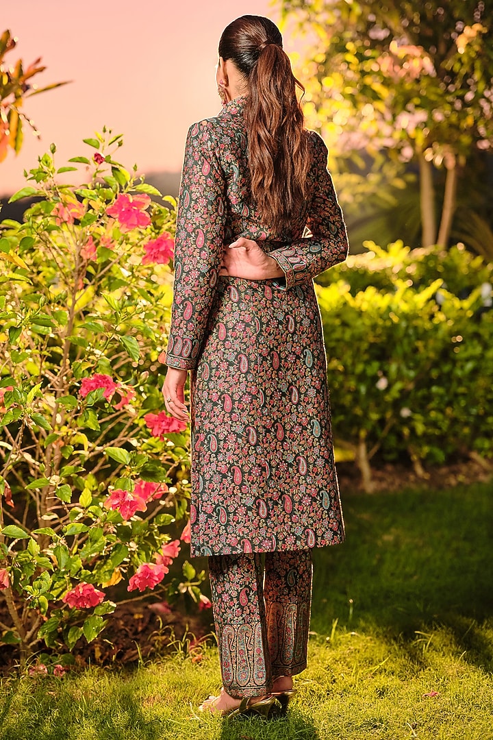 Bottle Green Pure Moonga Silk Paisley Weave Blazer Set by Safaa at Pernia's Pop Up Shop