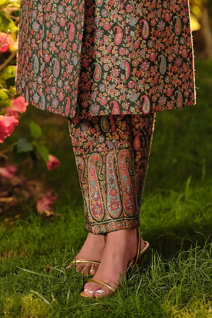 Bottle Green Pure Moonga Silk Paisley Weave Blazer Set by Safaa at Pernia's Pop Up Shop