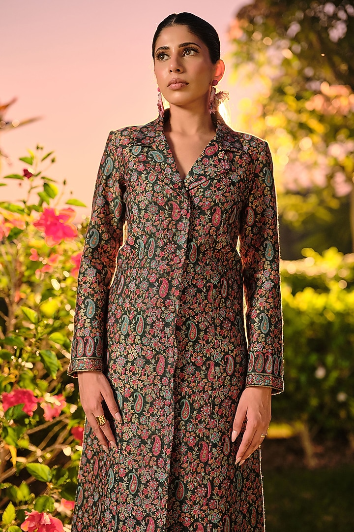 Bottle Green Pure Moonga Silk Paisley Weave Blazer Set by Safaa at Pernia's Pop Up Shop