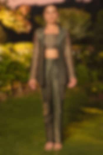 Green Pure Moonga Silk Floral Weave Blazer Set by Safaa at Pernia's Pop Up Shop