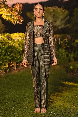 Green Pure Moonga Silk Floral Weave Blazer Set by Safaa