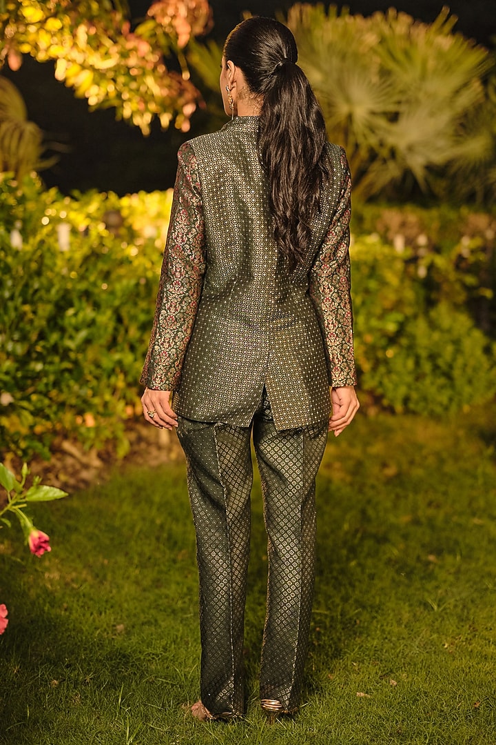 Green Pure Moonga Silk Floral Weave Blazer Set by Safaa at Pernia's Pop Up Shop