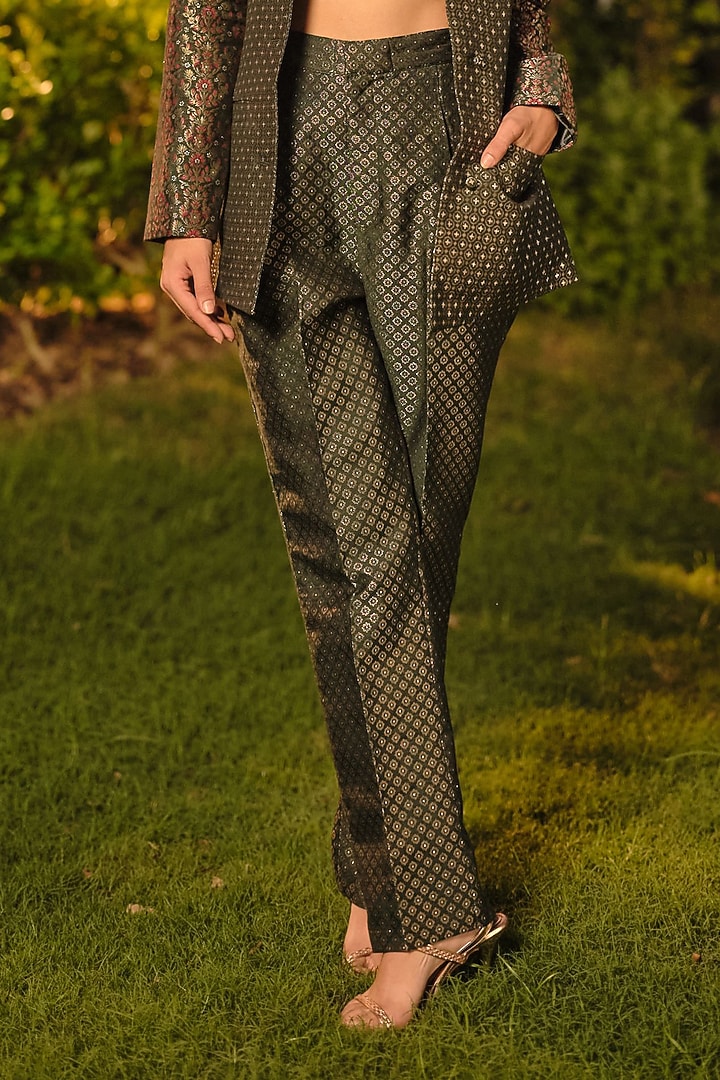 Green Pure Moonga Silk Floral Weave Blazer Set by Safaa at Pernia's Pop Up Shop