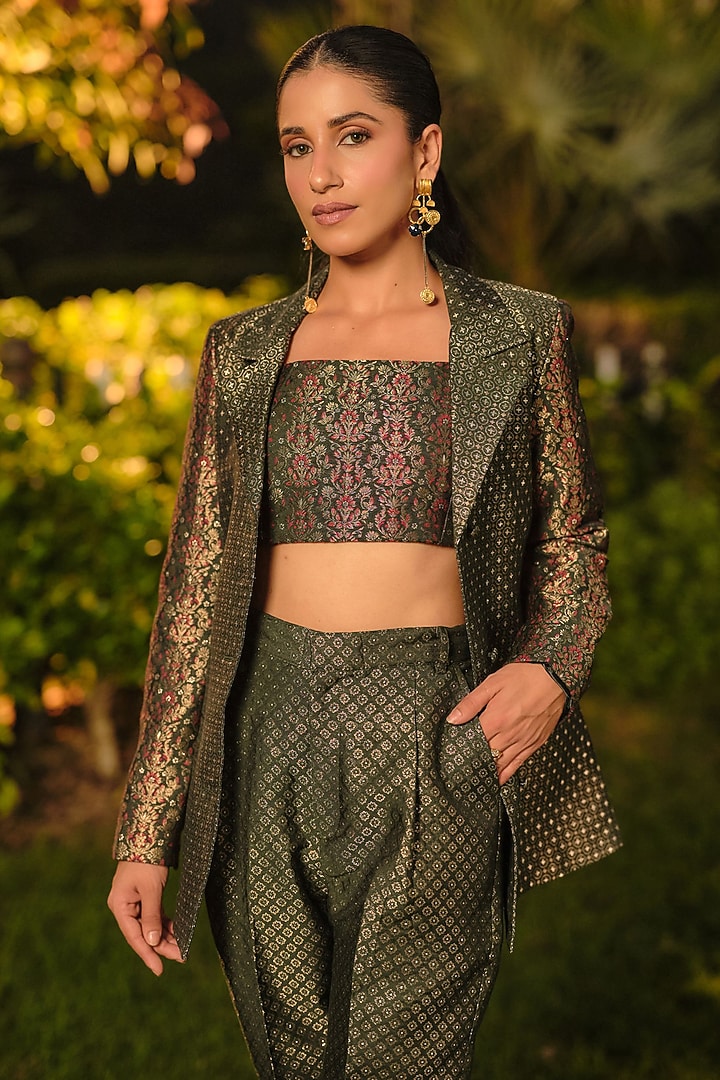 Green Pure Moonga Silk Floral Weave Blazer Set by Safaa at Pernia's Pop Up Shop