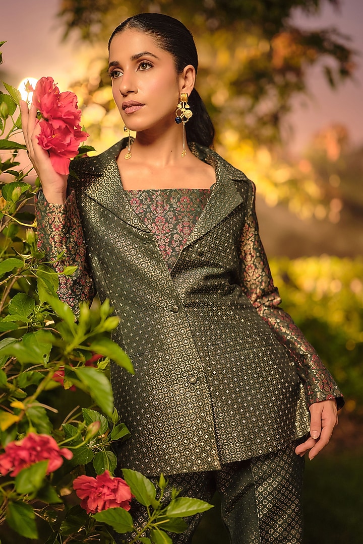 Green Pure Moonga Silk Floral Weave Blazer Set by Safaa at Pernia's Pop Up Shop