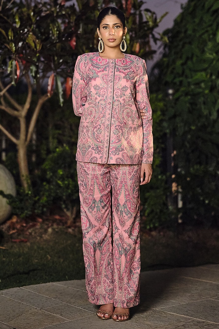 Pink Acro Wool Kani & Paisley Weave Co-Ord Set by Safaa at Pernia's Pop Up Shop
