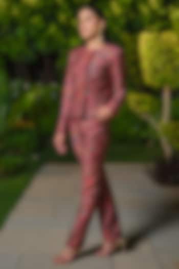 Burgundy Pure Moonga Silk Floral Jacket Set by Safaa at Pernia's Pop Up Shop