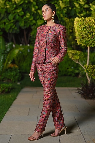 Burgundy Pure Moonga Silk Floral Jacket Set by Safaa