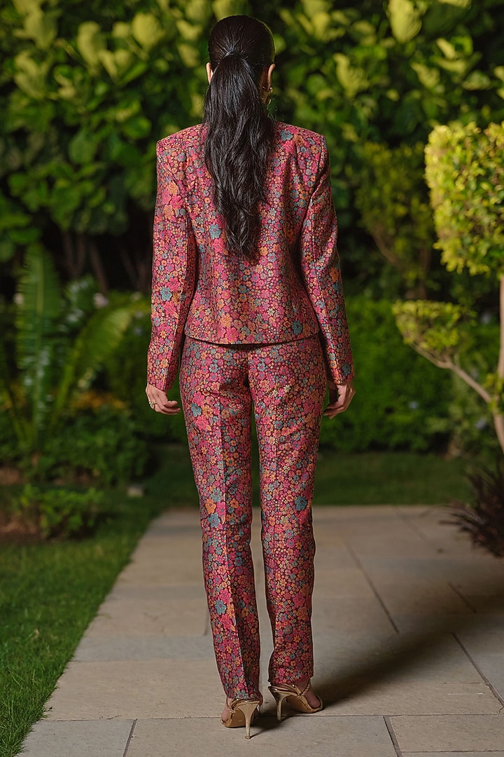 Burgundy Pure Moonga Silk Floral Jacket Set by Safaa at Pernia's Pop Up Shop