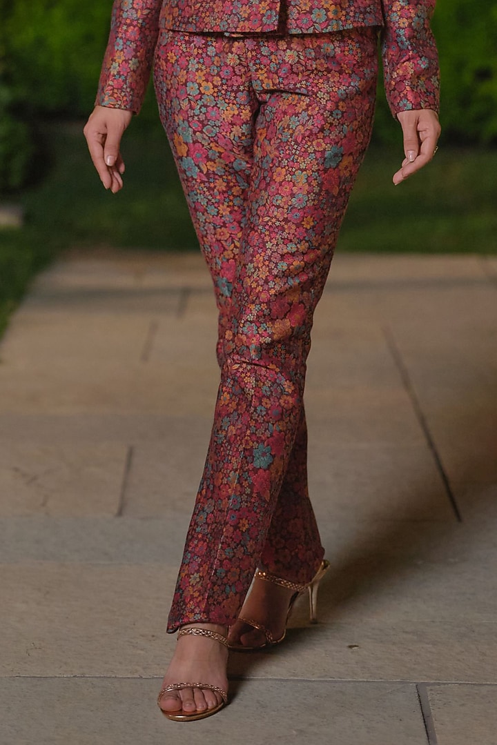 Burgundy Pure Moonga Silk Floral Jacket Set by Safaa at Pernia's Pop Up Shop