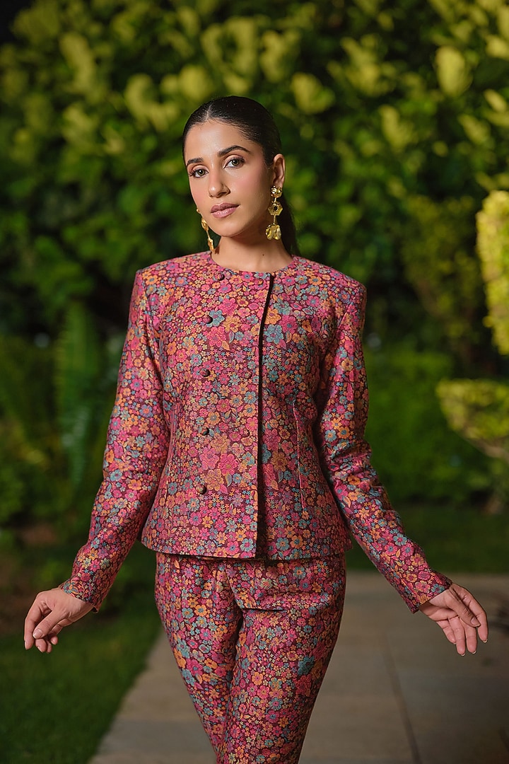 Burgundy Pure Moonga Silk Floral Jacket Set by Safaa at Pernia's Pop Up Shop
