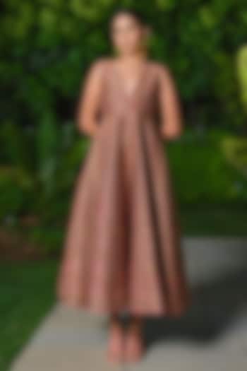 Brown Pure Moonga Silk Floral Weave Vacation Dress by Safaa at Pernia's Pop Up Shop