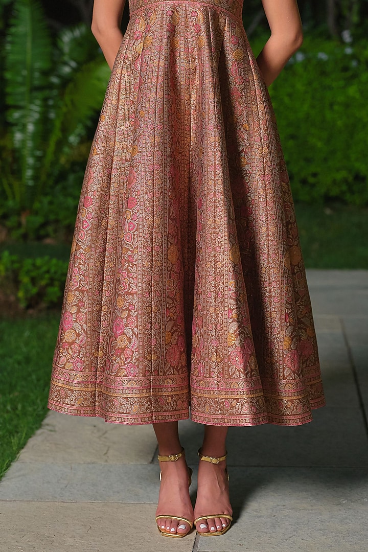 Brown Pure Moonga Silk Floral Weave Vacation Dress by Safaa at Pernia's Pop Up Shop