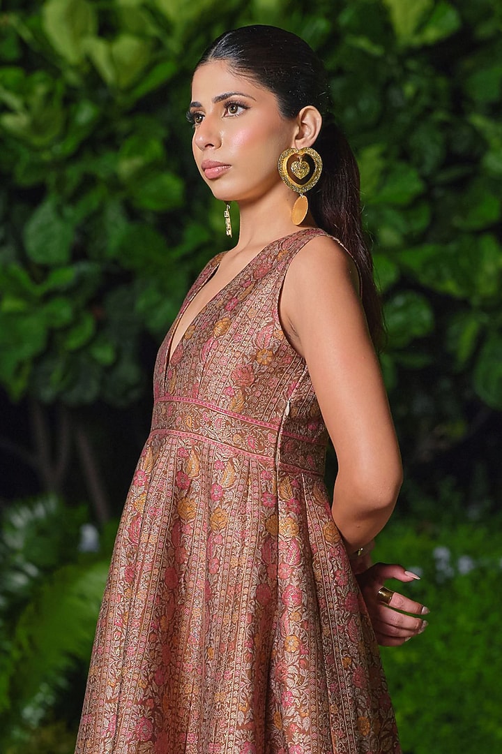 Brown Pure Moonga Silk Floral Weave Vacation Dress by Safaa at Pernia's Pop Up Shop