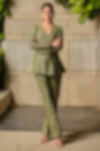 Green Pure Moonga Silk Floral Weave Jacket Set by Safaa at Pernia's Pop Up Shop