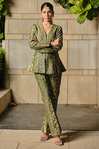 Green Pure Moonga Silk Floral Weave Jacket Set by Safaa
