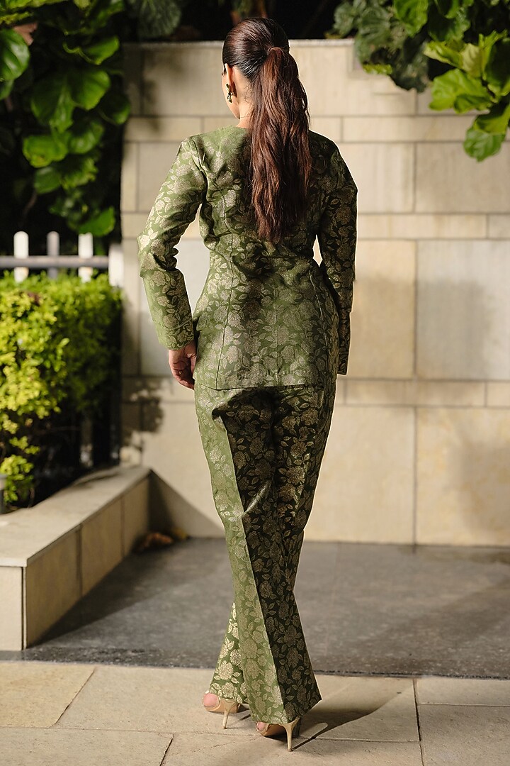 Green Pure Moonga Silk Floral Weave Jacket Set by Safaa at Pernia's Pop Up Shop